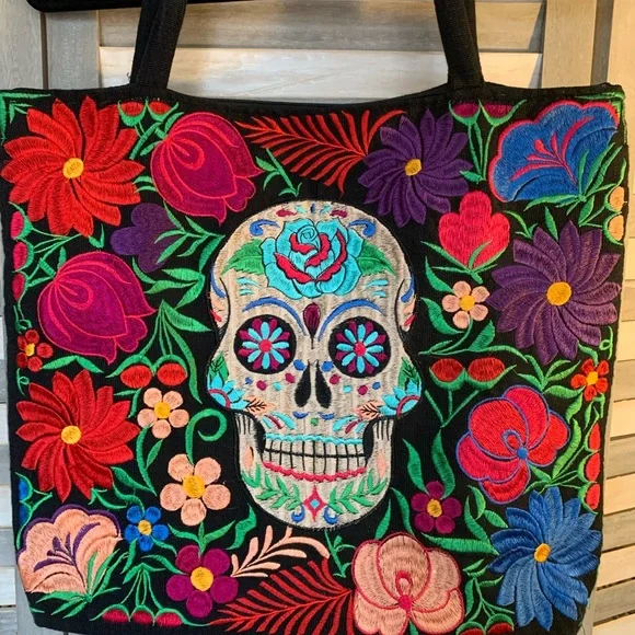Vibrant Colors Embroidered Floral Skull Tote Bag - Multicolor Extra Large - Picture 2 of 8
